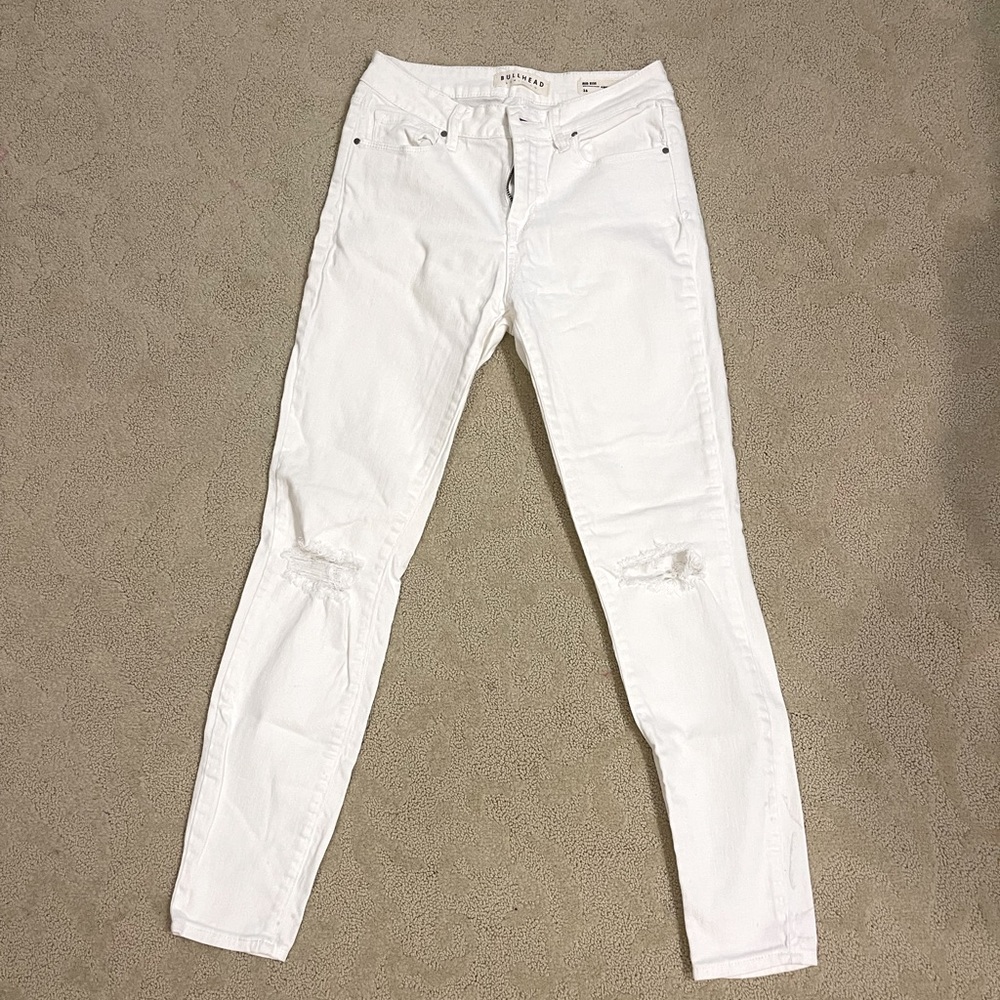 White Ripped Mid Rise Skinny Jean